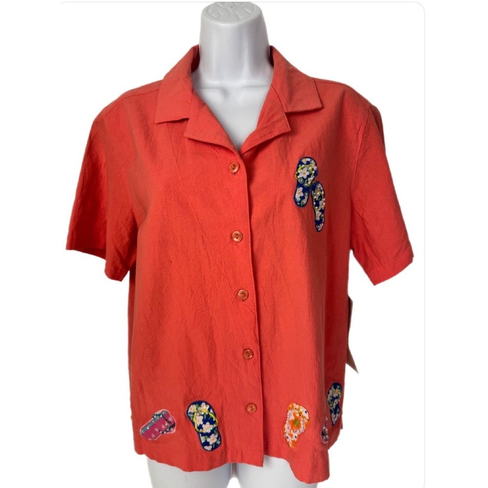 Pretty Bleu Button Down Shirt Women‎ L Coral Flip Flop Embroidered Cotton Orange